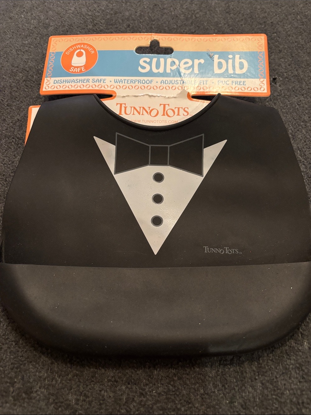 TUNNOTOTS Black Silicone Bib with White Tuxedo Graphic